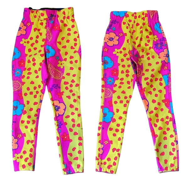 Obermeyer Vintage Bright Neon Floral Pattern Ski Snow Pants Made in USA Small S - Picture 1 of 13